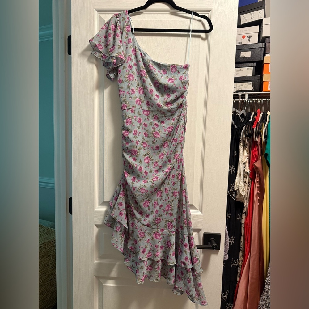 Astr One-Shoulder Dress in Blue/Purple and Pink Floral